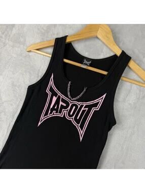 Y2K Tapout Tank Top Size M Women’s Black VTG Made In USA V-Neck Grunge Biker